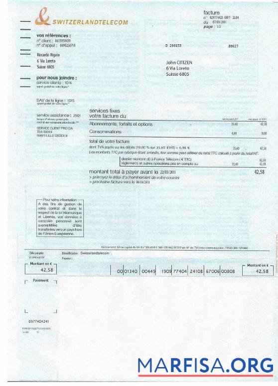 Printable Switzerland Telecom utility bill template, fully editable in PSD format